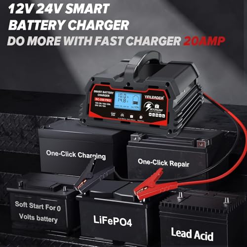 Battery Charger 20A, 12V/24V Lead Acid Smart Battery Charger, 12V LiFePO4 Car Battery Trickle Charger, Automatic Battery Maintainer for Car Motorcycle Lawn Mower Marine Boat Lead Acid Batteries - size: 20A