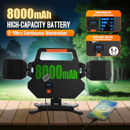 Tresda 5000LM Rechargeable Work Light, Magnetic LED Work Light with 360° Adjustable Foldable Design, 8000mAh Battery Powered Portable Work Light for Car Repair, Garage, Workshop, Camping & Emergency