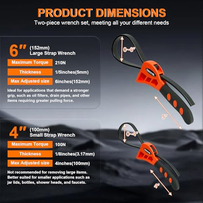 2-Piece Heavy-Duty Strap Wrench Set Upgrade – Adjustable Oil Filter Wrench, Reinforced Rubber - Jar Opener, Plumbing Tool for Shower Heads, Water Filters, Pipes (4" to 6" Diameter)