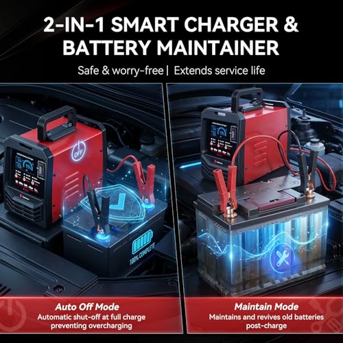 12V/24V Car Battery Charger Heavy Duty, 0-15A Automatic Battery Maintainer, Smart Trickle Charger with Repair, Auto Shutoffs, Winter Boost Mode, for Car Truck Lawn Mower AGM Deep Cycle