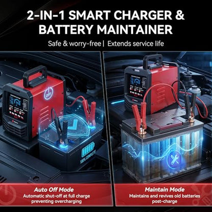 12V/24V Car Battery Charger Heavy Duty, 0-15A Automatic Battery Maintainer, Smart Trickle Charger with Repair, Auto Shutoffs, Winter Boost Mode, for Car Truck Lawn Mower AGM Deep Cycle