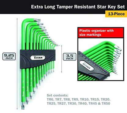 Titan Tools 12715 Extra-Long Arm Tamper Resistant Star Key Set - 13 Piece , Green, 1 - size: XL TR Star, style: XL TR Star