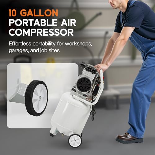 Albott 10 Gallon Electric Air Compressor, 1.8 HP Vertical Wheeled Tank | Oil-Free Air Compressor with Copper Motor 115 PSI Max Pneumatic Tool Tire Inflation Use - style: 10 Gal