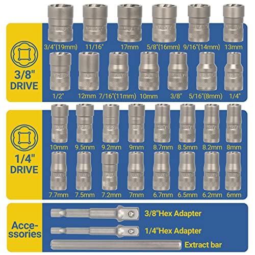 MABLEVI 32PCS Bolt Extractor Set, Upgrade Impact Bolt & Nut Remover Set, Stripped Lug Nut Remover, Extraction Socket Set for Removing Damaged, Frozen, Rusted, Rounded-Off Bolts, Nuts & Screws - size: 32-piece