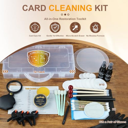 17-in-1 Card Cleaning Kit, Card Care Polishing Restoration with Plastic Case, Trading Card Cleaning with Polishing Cream and Cleaning Spray, Suitable for PSA Rated Card Care & Flatten Edges (12.1")