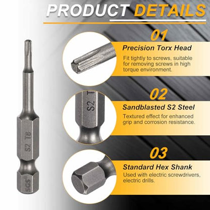 HARFINGTON 10pcs T8 Torx Head Screwdriver Bit 1/4" Hex Shank 2" (50mm) Long Magnetic No Hole Tip Tamper Proof 6 Point Star Screw Driver Drill Bits S2 Steel Industrial Power Screwdrivers - size: T8 x 2"
