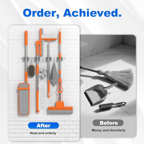 Broom Holder Wall Mount Mop Organizer, 4 Racks 3 Hooks, 2 Pack | Premium Stainless Steel Broom Hanger for Durable Rustproof Tool Rack Storage in Home, Kitchen, Garden, Laundry, Garage - size: 4 Racks 3 Hooks