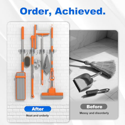 Broom Holder Wall Mount Mop Organizer, 4 Racks 3 Hooks, 2 Pack | Premium Stainless Steel Broom Hanger for Durable Rustproof Tool Rack Storage in Home, Kitchen, Garden, Laundry, Garage - size: 4 Racks 3 Hooks