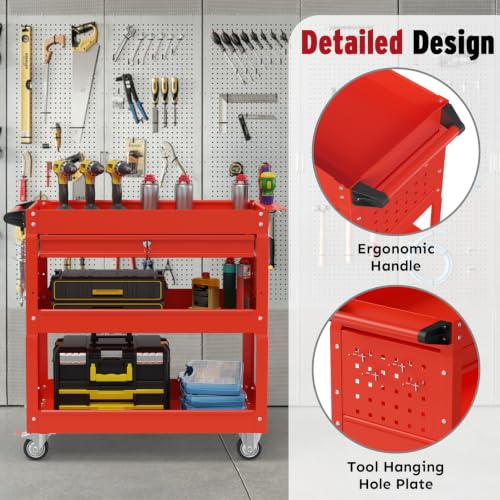 3 Tier Rolling Cart, Heavy Duty Utility Industrial Service Carts on Wheels, Metal Tool Cart with Locked Drawers, Ideal for Garage, Warehouse and Repair Shop (Red) - color: Red