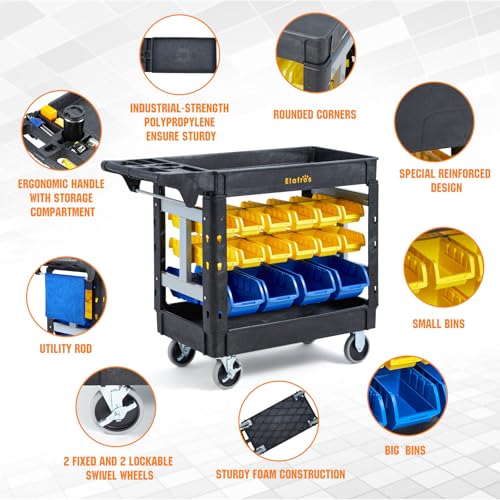 ELAFROS 2-Tier Heavy Duty Utility Cart with 32 Storage Bins, 40.7 x 17 in | 550 lbs Capacity, Deep Tub Shelves, Rolling Service Cart, Locking Wheels, Tool Organizer, Workshop Garage Office Storage Bins