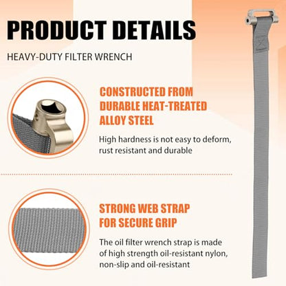 Heavy-Duty Oil Filter Strap Wrench – 30.7" Nylon Strap Tool for Filters up to 6-1/2", Flexible Removal Tool for Tight Engine Spaces