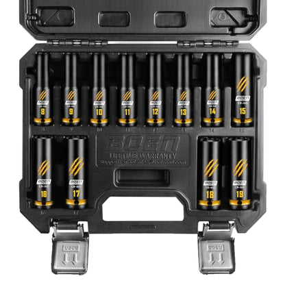 BOEN 12-Piece 1/2" Drive Deep Impact Socket Set, Metric Sockets (8-19mm), 6-Point CR-MO Steel with Deep Embossed and Painted Marking