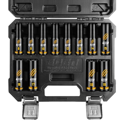 BOEN 12-Piece 1/2" Drive Deep Impact Socket Set, Metric Sockets (8-19mm), 6-Point CR-MO Steel with Deep Embossed and Painted Marking