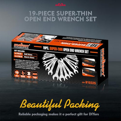 HORUSDY Thin Open End Wrench Set | Bike Wrench Set with Rolling Pouch | 19-Piece SAE & Metric | CR-V Steel | 1/4" to 1-1/16" & 5.5mm to 27mm for Mechanics - size: SAE & Metric 19-Piece