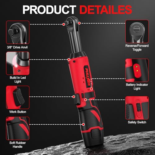 FULLYEA Electric Ratchet Wrench Set,12V Cordless Ratchet Wrench 3/8", 400 RPM Power Ratchet Tool Kit with LED Light, 7 Sockets, 1/4" adapter, 2 Packs 2000mAh Battery and Fast Charger