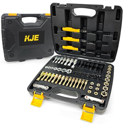 KJE 61Pcs Thread Restorer Kit, Rethreading Kit, UNC, UNF & Metric Thread Chaser Set with Taps, Dies, Thread Files & Pitch Gauges for Repair Damaged Threads Bolts, Nuts and Screws - size: 61PCS
