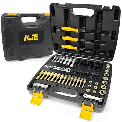 KJE 61Pcs Thread Restorer Kit, Rethreading Kit, UNC, UNF & Metric Thread Chaser Set with Taps, Dies, Thread Files & Pitch Gauges for Repair Damaged Threads Bolts, Nuts and Screws - size: 61PCS