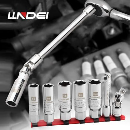 LLNDEI 3/8 Inch Drive Spark Plug Socket Set SAE & Metric, High Visibility 6 Point Sockets CR-V Steel, Mirror Polished Sockets with Rubber Retaining Rings-Spark Plug Removal Tool for Car Repair 7PCS - size: 6 pieces + extension bar
