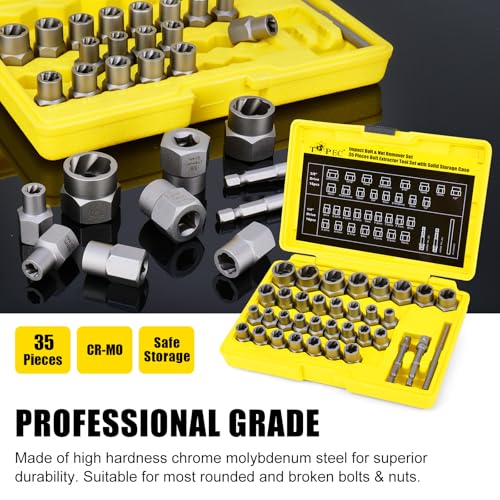 TOPEC Bolt Extractor Kit, 35-Piece Stripped Bolt Extractor Socket Set, 1/4" & 3/8" Drive Easy Out Socket Set, Nut Remover for Removing Broken, Rusted, Rounded Fasteners