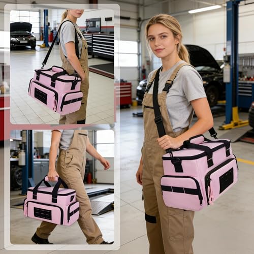 Pink Tool Bag for Women with 2 Clear Pouches, Double Layer Tool Box | 12-inch Tool Bag, Double Top Hndle, Adjustable Shoulder Strap, Ideal for Electrician, Carpenters, Repairman