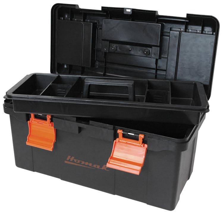 Homak Plastic Tool Box with Tray and Dividers, Black, 16 Inches - size: 16-Inch