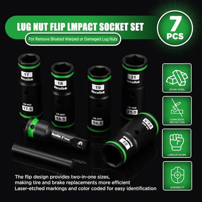 TecoTek 7PCS Lug Nut Socket Set, 1/2” Impact Thin Wall Flip Socket, Half Size Wheel Socket Set, Metric, 6 Point, 3" Extension Bar & Knockout Bar, 17.5mm, 18.5mm, 19.5mm, 21.5mm, and 22.5mm - size: Half Size Metric
