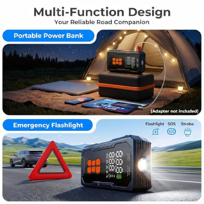 Jump Starter with Air Compressor 160PSI, 12V Car Battery Jumper Starter Portable (8.0L Gas/6.0L Diesel), Car Battery Charger Jump Box Cables with Auto-Shutoff Tire Inflator and LED Light, Black