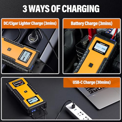 Car Jump Starter 800A for 12V Gas Diesel Engines Non-li Battery | Made of Super Capacitor; Non-li Battery Jump Starter; 12V Portable Jump Starter for Car Battery, Yellow