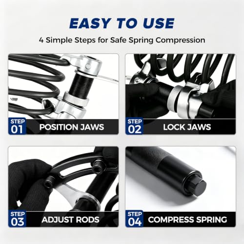 2-Jaw Coil Spring Compressor 4-Rod Strut Tool for BMW Audi Porsche LR | 4-rod 45 steel with arc support arm，fits 90-180mm diameter and 220-380mm height，forged jaws, hard case，for European cars.