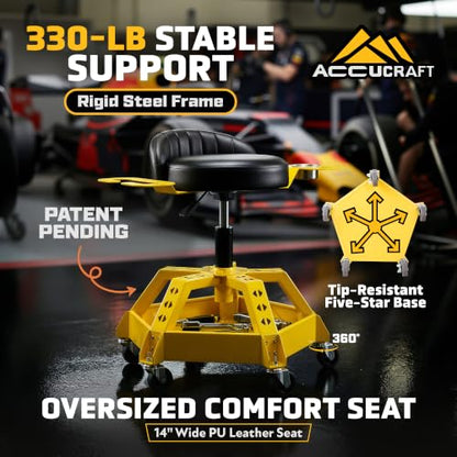 Rolling Shop Stool with Wheels, Garage Mechanic Stool with Backrest, Metal Heavy Duty Roller Mechanic Chair with Tool Tray, 5-Wheel Anti-tip Design,22"-26" Adjustable Height, 330 LBS Capacity