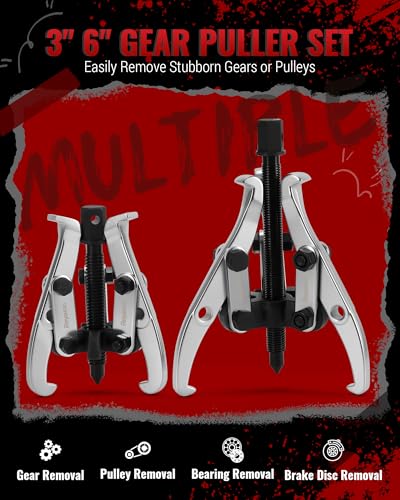 Reywoo Gear Puller Set, 3" and 6" Bearing Puller Kit for Pulley Gear Bearing Flywheel Removal, 2 Jaw & 3 Jaw Gear Puller with Reversible Jaws - size: Max External 3"&6"