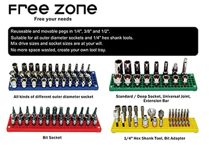 FreeZone 60-Piece 1/2" Socket Holder Expansion Pack, SAE & Metric | Secures 1/2" sockets on pegboard; red color-coded for instant ID; no rolling or lost sockets