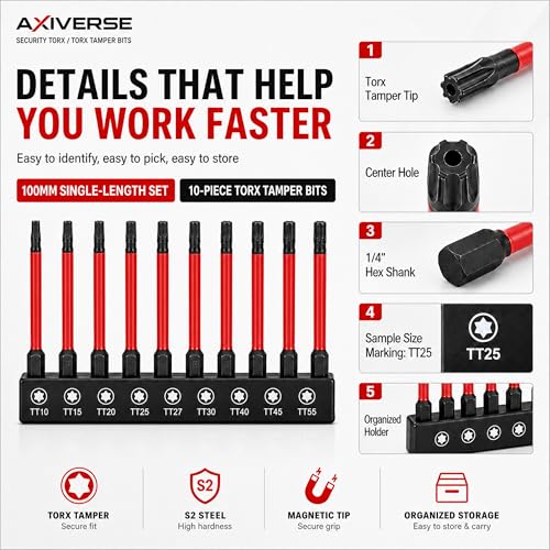 10PCS Security Torx Bit Set TT6-TT40, 4-Inch for Impact Drivers | TT6-TT40 Tamper-Resistant Star Bits, 4 in Long, Magnetic Tips, 1/4 in Hex Shank, Impact-Ready Alloy Steel, Clear Case - size: 4 in
