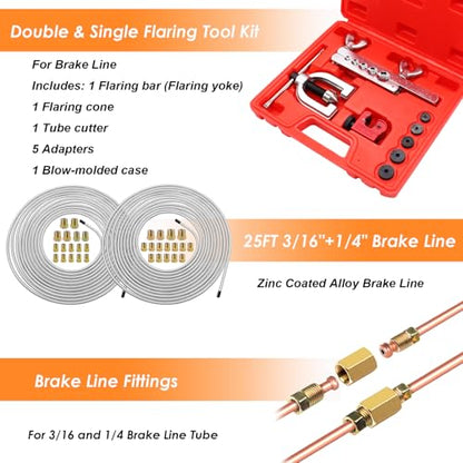 25 ft 3/16 + 1/4 Zinc Coated Alloy Brake Line Kit(Includes 48 Fittings and 8 Unions) with Tube Bender and Double & Single Flaring Tool Kit - size: 3/16 + 1/4 Inch Silver, style: Brake Line Kit & Tube Bender