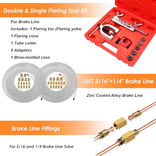 25 ft 3/16 + 1/4 Zinc Coated Alloy Brake Line Kit(Includes 48 Fittings and 8 Unions) with Tube Bender and Double & Single Flaring Tool Kit - size: 3/16 + 1/4 Inch Silver, style: Brake Line Kit & Tube Bender