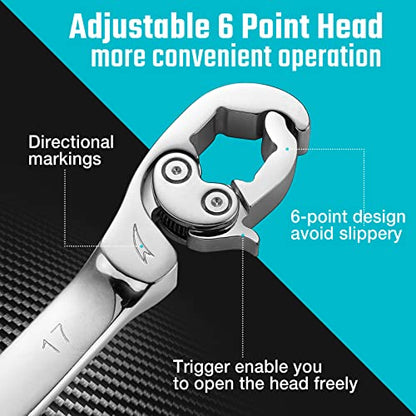 DURATECH 5-Piece Ratcheting Flare Nut Wrench Set, Metric | 10mm, 12mm, 13mm, 14mm, 17mm, CR-V Steel, Open End Wrench, Organizer Pouch Included