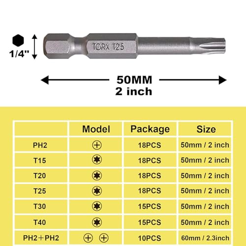 T25 Torx Bit Set, 18 PCS, 2 Inch | S2 Steel, High Torque Star Impact Driver, 1/4" Hex Shank Magnetic, Decking Installation, Fence Building, Wood Construction - size: T25-18pcs
