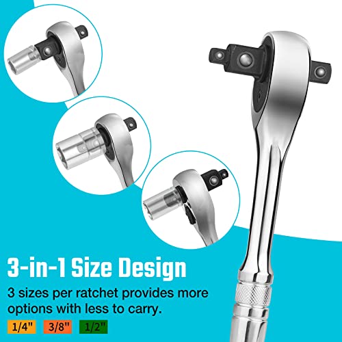 DURATECH 3-IN-1 Ratchet Handle, 1/4 ", 3/8 ", 1/2" Drive Ratchet Wrench | 72-Tooth, Reversible Switch, Full-Polished Chrome Plating, Alloy Steel - style: Ratchet Handle