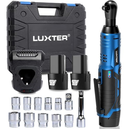 LUXTER Cordless Electric Ratchet Wrench Set, 3/8", 45Ft-lbs High Torque, 12V Compact Power Ratchet, with 2 Packs 2000mAh Lithium-Ion Battery, 10 Sockets & Extension Bar, Variable Speed Trigger