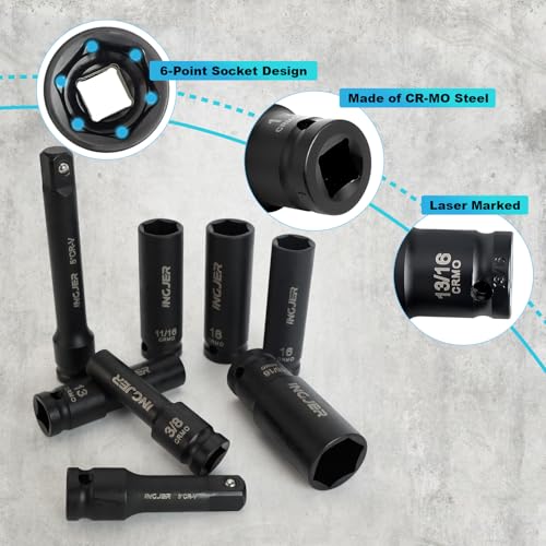 1/2" 29PCS Impact Socket Set, Upgrade CR-MO 6 Point Socket Set,SAE (3/8"-1") & Metric (10-24mm), Standard & Deep Sockets with Extension Bars, High Torque, Ideal for Truck Bearing Locknut. - size: 1/2inch 29PCS DEEP