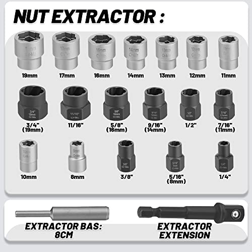 20-Pcs Bolt Nuts Extractor Set 3/8'' Drive Easy Out | Bolt Extractor Set Rounded Bolt Remover Heavy Duty Broken Bolt Extractor Kit for Damaged, Frozen Bolts, Lug Nut, Nuts, Screws - size: 20Pcs