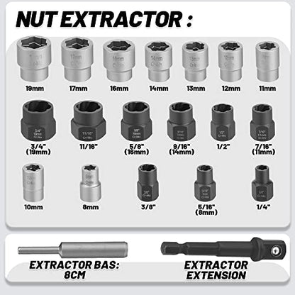 20-Pcs Bolt Nuts Extractor Set 3/8'' Drive Easy Out | Bolt Extractor Set Rounded Bolt Remover Heavy Duty Broken Bolt Extractor Kit for Damaged, Frozen Bolts, Lug Nut, Nuts, Screws - size: 20Pcs