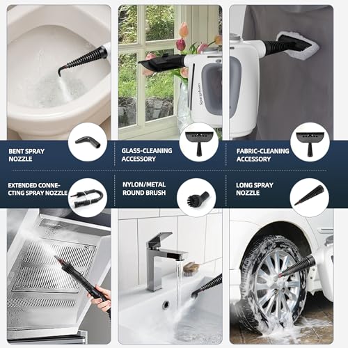 Spurgehom 1350W Handheld Steam Cleaner with 15-Pc Accessories(including mop) & 550ML Tank – 3Bar Dirty-Free Steamer for Floors, Cars, Upholstery, and Multi-Surface Home Cleaning - color: Bright White