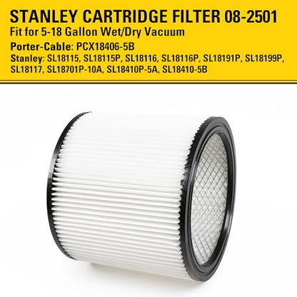 STANLEY Vacuum Filter Replacement 08-2501, Fit for Most 5-18 Gallon Wet Dry Vacuum Cleaner, Compatible with SL18115, SL18115P, SL18116, SL18116P, SL18191P, SL18199P, SL18117, SL18701P-10A, SL18410P-5A