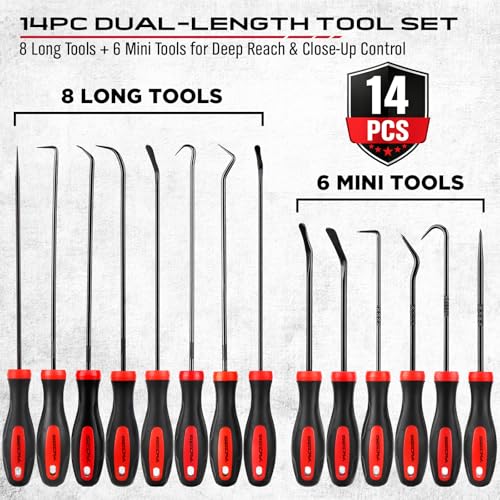 14PCS Pick and Hook Tool Set, Long and Mini Precision Pick Tools with Non-Slip Handles for O-Ring, Seal, Gasket and Hose Removal, Automotive Hook and Pick Set for Car Repair and Mechanical Maintenance - color: 14PCS Pick & Hook Set