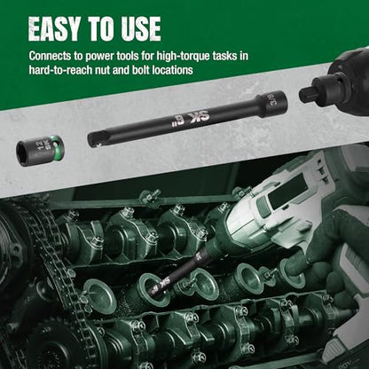 SK 3/8" Drive Impact Socket Extension Set, 3", 6", 10", 15", Cr-Mo Steel | 4-Piece Extension Bar Set, Black Manganese Phosphate Coating, with EVA Foam Storage Tray - size: 3/8-Inch Drive