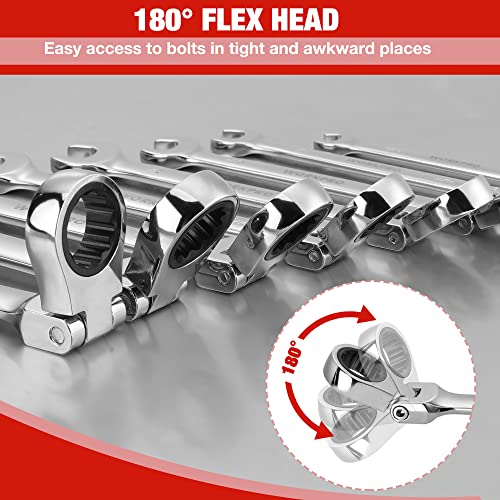 WORKPRO Ratcheting Combination Wrench Set, 8-piece Flex-Head Anti-Slip Set Metric 8-17 mm, 72-Teeth, Cr-V Constructed, Black Electrophoretic Coating with Rolling Pouch - size: SAE, style: Mirror Polished