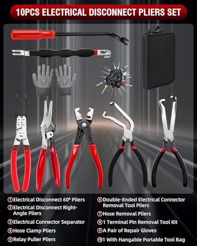 10-Piece Electrical Disconnect Pliers Kit for Cars | Carbon Steel, Non-slip, 60° & 90° Heads. Safely Releases Maf, Injectors, Relays, Hoses, Harnesses. Fits Cars/Trucks