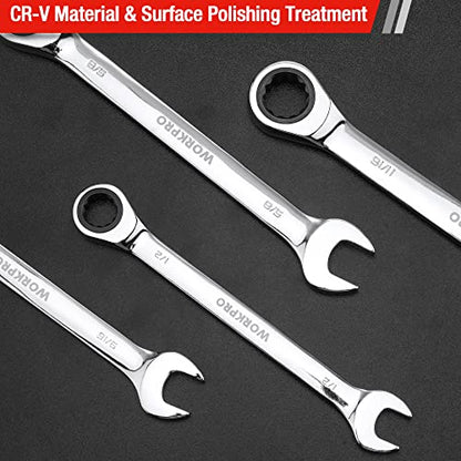 WORKPRO 7-Piece Ratcheting Combination Wrench Set, 72 Teeth, Cr-V Constructed, Combo Ratchet Wrenches Set with Roll Up Pouch, SAE 5/16"-11/16" - size: SAE
