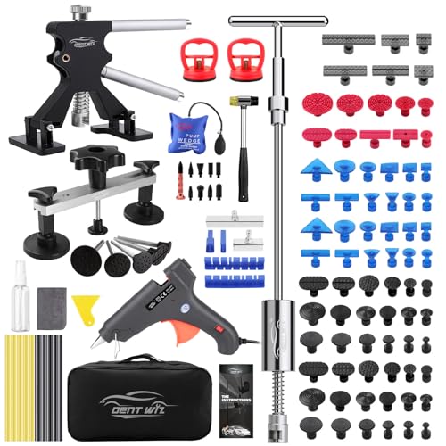 Professional Car Dent Repair Kit - 2-in-1 Slide Hammer T-Bar Bridge Puller with 100W Hot Glue Gun Rubber Hammer and 76 Tabs - for Auto Body Paintless Removal on Vehicles Appliances and Metal Surfaces - size: Dent Puller Kit-B